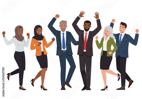Six diverse business people cheer arms raised celebrating success in suits and heels