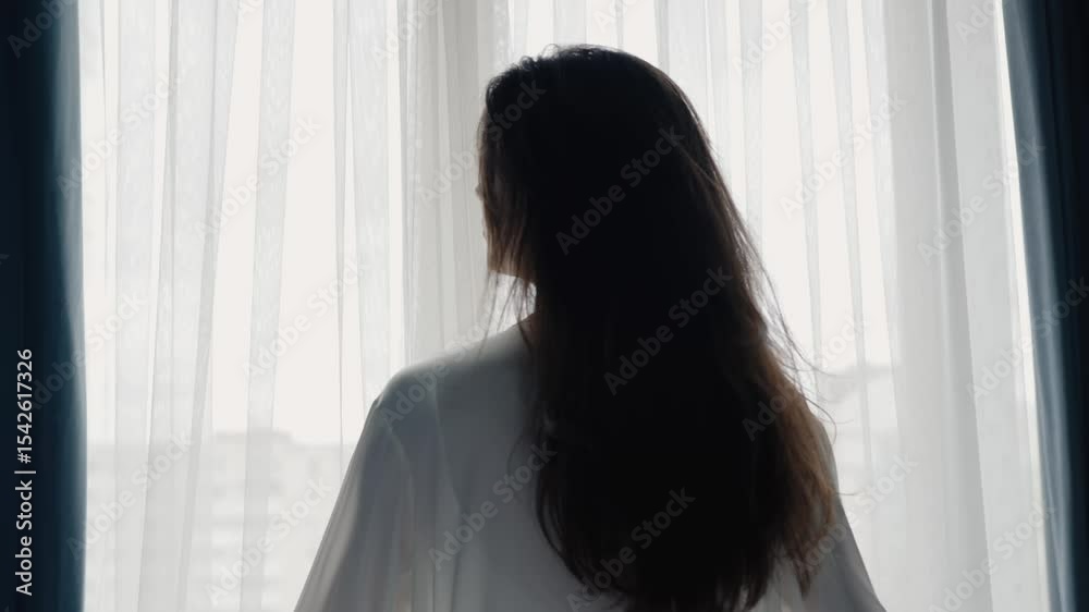 A woman in white robe opening curtains to let in natural light, symbolizing a fresh start and new beginnings. Woman Opening Curtains in the Morning to Bright Natural Light