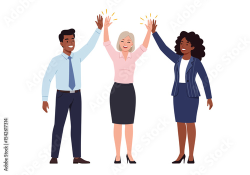 Three people in business attire raising their hands in celebration