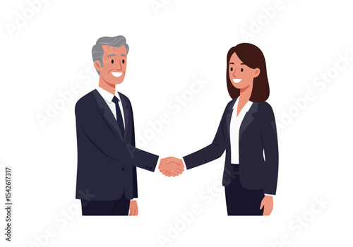 Two business people in suits are shaking hands smiling