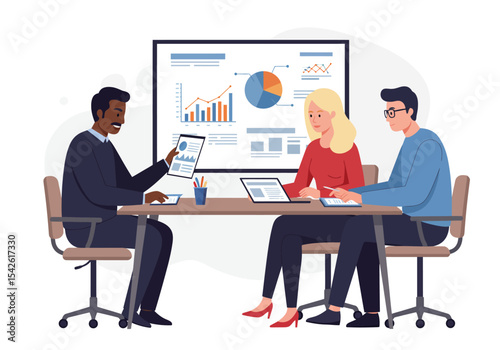 Three professionals analyze chartsgraphs during a meeting at a conference table