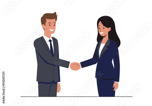 Two business people shaking hands wearing suits and smiling