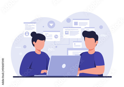 Two faceless people work at a laptop surrounded by floating information screens
