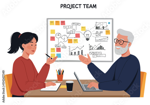 Two colleagues collaborating at a table with a whiteboard covered in diagrams and sticky notes