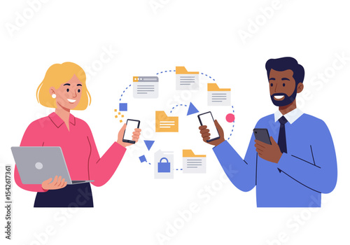 Two figures holding phones flank icons of filesfoldersand a lock in a dotted circle