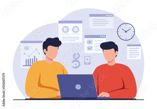 Two people are facing a laptop surrounded by workflow graphics