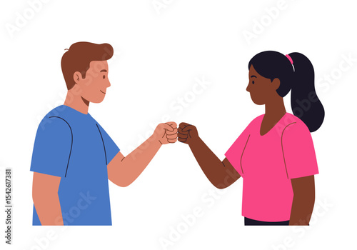 Two people fistbumping one white male in blue one black female in pink both facing left