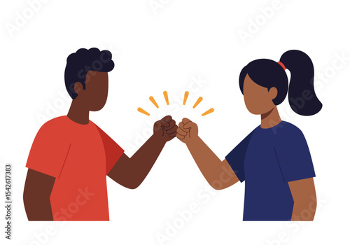 Two people one in red and one in blue are fistbumping