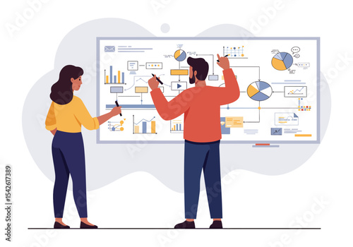 Two figures review data on a whiteboard Charts graphs  diagrams