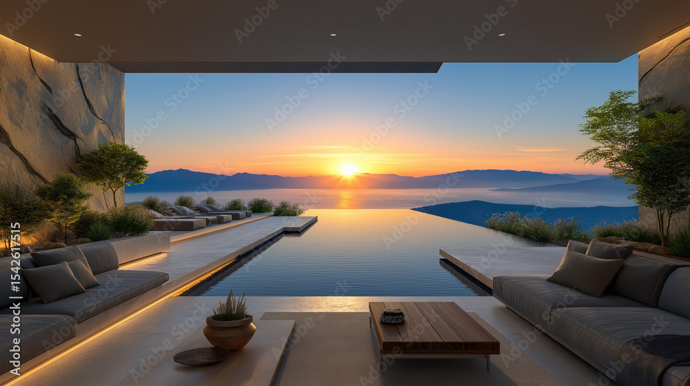 Fototapeta premium Serene Infinity Pool at Sunset: An open-air infinity pool.