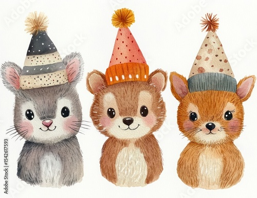 Three adorable cartoon animals wearing colorful polka dot party hats with pom-poms, smiling and looking cheerful in a whimsical style