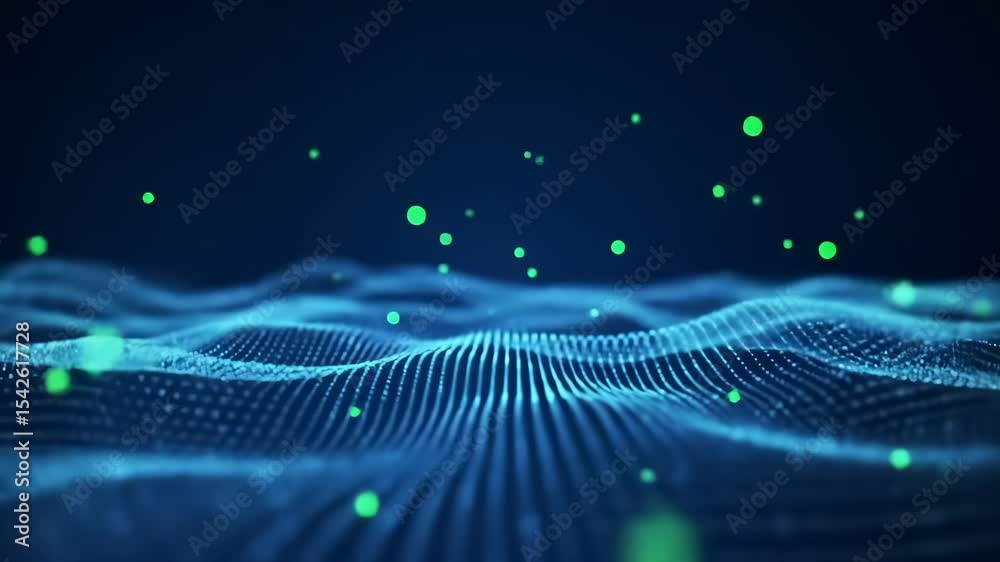 Futuristic digital abstract wave surface with glowing particles, visualizing advanced technology and intricate data networks in a dynamic cyber flow.