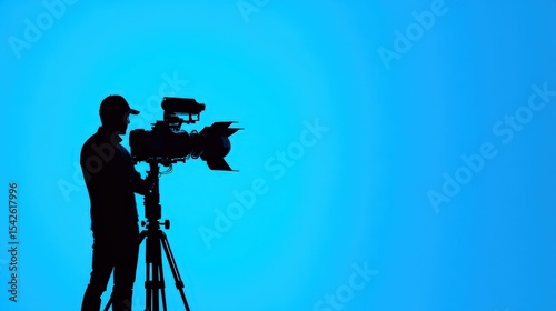 Cameraman Silhouette Against Bright Blue Background - Filmmaking, Television Production, and Media