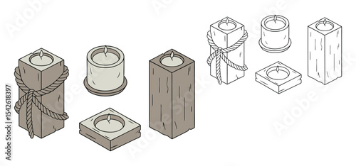Hand drawn illustration of different shapes and styles of lit candles inside stone or wooden holders in a line