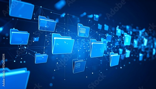 Flying blue folders and document icons over abstract tech background.