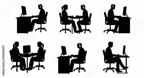 Silhouette of People Working at Desks – Remote Work Concept

