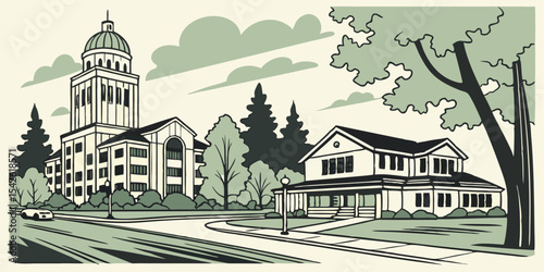 Elk Grove Skyline Vector with Civic Center and Suburban Homes – Sacramento Suburb Art