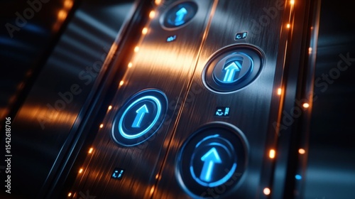 Close-up of elevator buttons panel with illuminated blue up arrows and warm orange ambient lighting reflecting on brushed metal surface