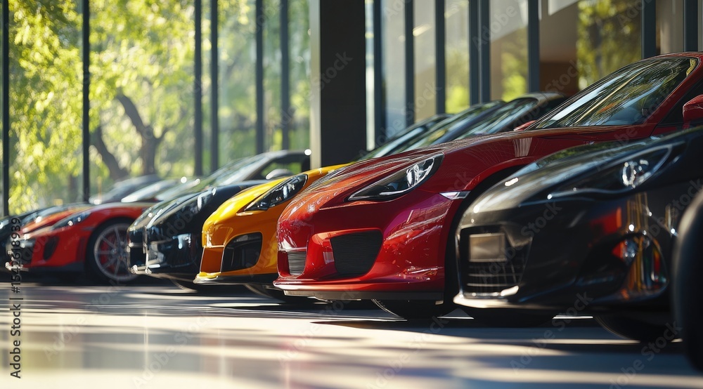 Fototapeta premium Row of sleek, colorful sports cars in a modern showroom