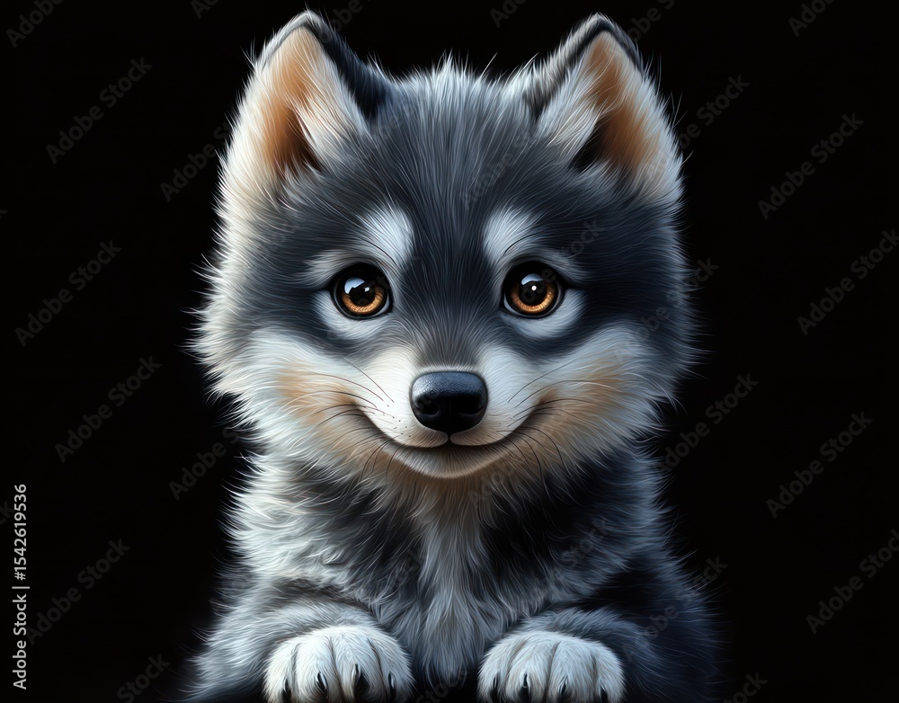 Obraz premium Close-up of an adorable fluffy puppy with bright eyes and a gentle smile against a black background, conveying warmth and innocence