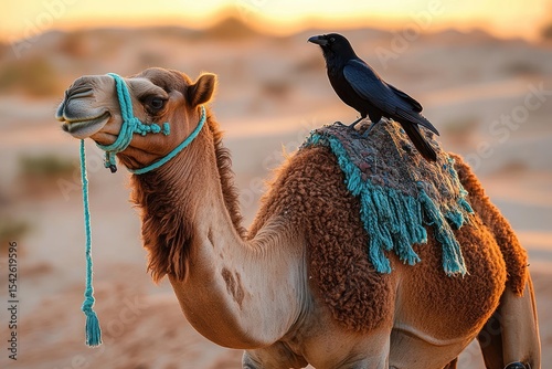 A camel standing in the desert at sunset with a black raven perched on its back covered by a decorated blue cloth