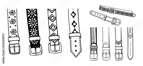 Hand drawn illustration of various decorative belts with different patterns and buckles in black and white color.