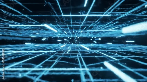 Dynamic digital data streams across an intricate, futuristic technology network, forming an abstract cyber grid of bright light for high-speed information and communication.