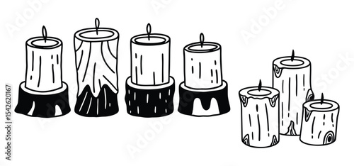 Hand drawn illustration of various lit candles with stylized wooden holders in black and white colors