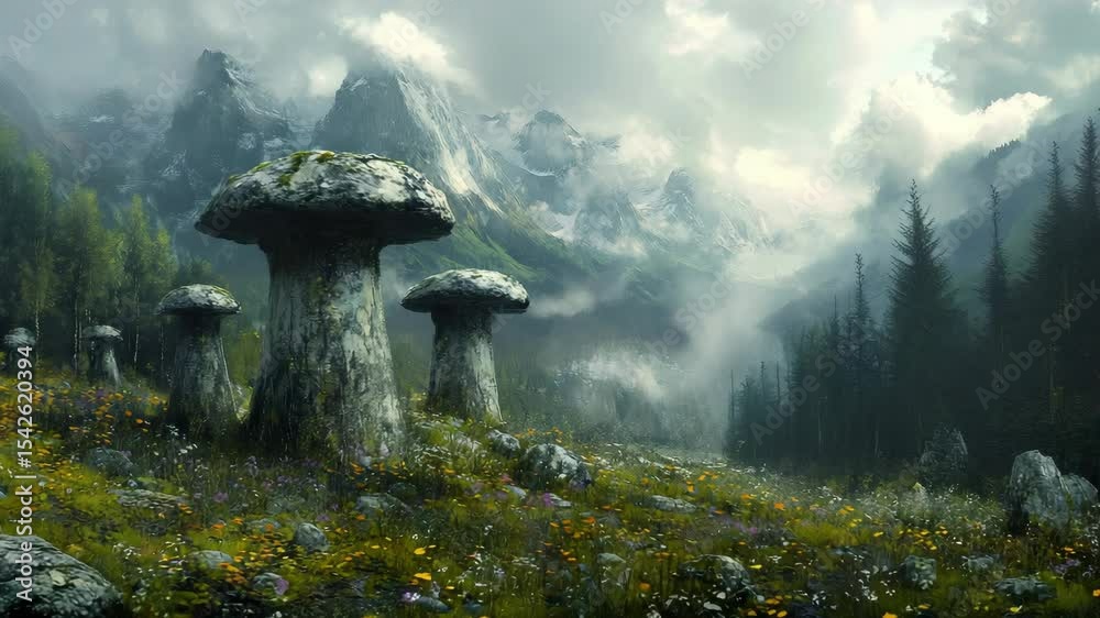A mountain landscape with flowers and trees in the fore
