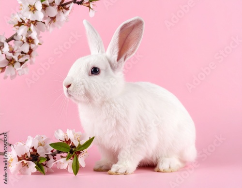 white rabbit with flower on pink background 