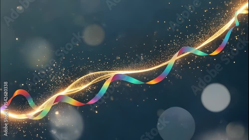 Luminous golden energy flow intertwining with a vibrant rainbow ribbon, sparkling with glitter particles on an abstract background, representing dynamic connection.