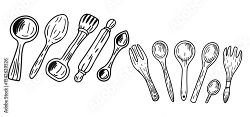 Hand drawn illustrations of various kitchen utensils like spoons rolling pin forks for cooking and baking activities