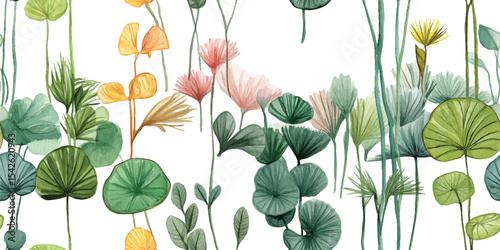 Watercolor Illustration of Various Prehistoric Vines Plants Seamless Pattern. Ancient Botanical Flora for textile, packaging, fabric, wallpaper, branding, stationery, wrapping paper interior decor.