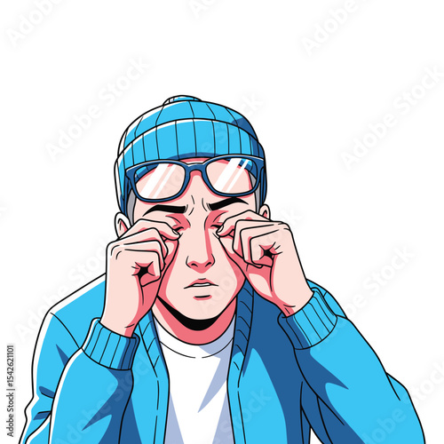 Illustration of a Tired Man with Eyeglasses Rubbing Eyes Isolated on White Background