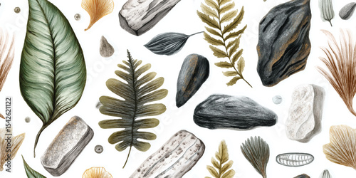 Watercolor Prehistoric Leaves, Ferns, and Fossils Seamless Pattern. Ancient Natural Elements for design, textile, packaging, fabric, wallpaper, branding, stationery, wrapping paper interior decor.