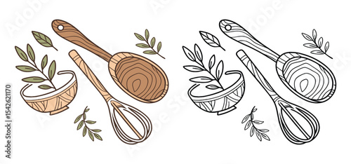 Hand drawn kitchen utensils with bowls leaves and wooden spoons arranged in a cute and decorative style