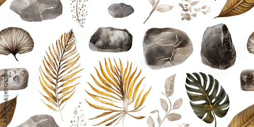 Watercolor Prehistoric Leaves, Ferns, and Fossils Seamless Pattern. Ancient Natural Elements for design, textile, packaging, fabric, wallpaper, branding, stationery, wrapping paper interior decor.