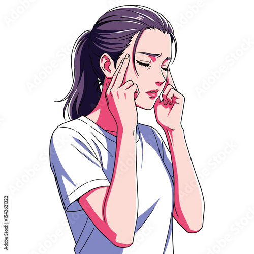 Illustration of a Woman with a Headache or Migraine, Stress and Pressure, Pain Concept