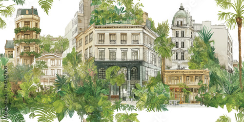 Wallpaper Mural Watercolor Illustration of Urban Landscape with Lush Prehistoric Palm Trees Buildings Seamless Pattern for textile, packaging, fabric, wallpaper, branding, stationery, wrapping paper interior decor Torontodigital.ca