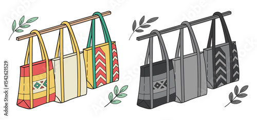 Hand drawn vector illustration of colorful tote bags hanging on a wooden beam with decorative leaf elements