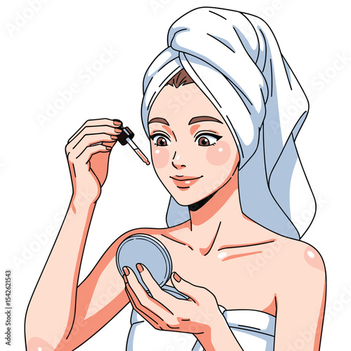 Young woman applying skincare serum after a shower, beauty routine, illustrated cartoon
