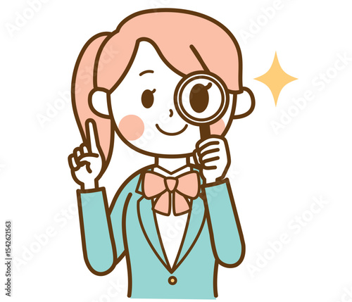虫眼鏡でポイントをチェックするブレザー制服の学生の女の子のイラスト素材