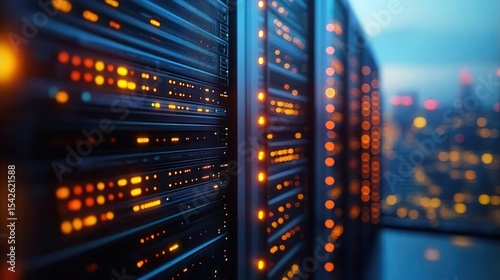 Close-up of multiple server racks with illuminated orange and yellow indicator lights in a data center with a blurred cityscape visible through a window