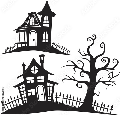 spooky haunted house tree silhouette design art