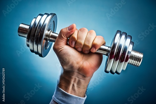 Hand holding metal dumbbell against blue background representing strength and fitness