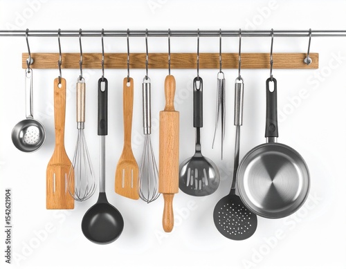 set of kitchen utensils on the wall
