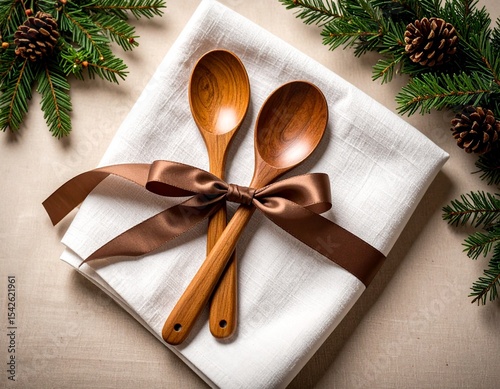 wooden spoon wrapped on white piece of cloth 