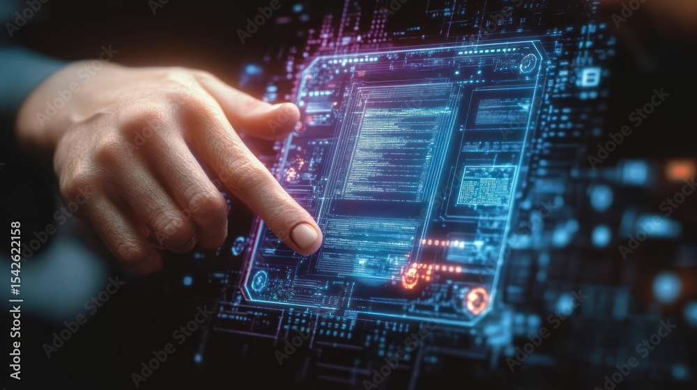 Fototapeta premium Close-up of human finger interacting with futuristic transparent digital interface with glowing blue and orange data and code elements