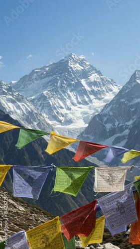 Mountain Landscape with Prayer Flags and Snow-Capped Peaks in the Himalayas