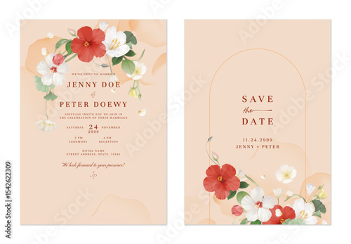 Wedding invitation and save the date template set of white and red flowers with green foliage and subtle watercolor splotches on a soft peach background